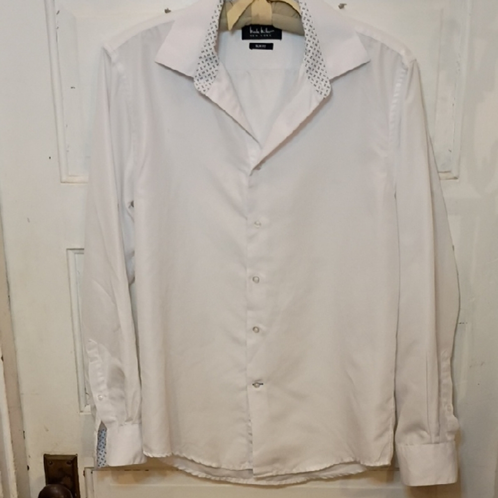 Nicole Millers Women's  White Dress Shirt with Patterned Collar & Cuff